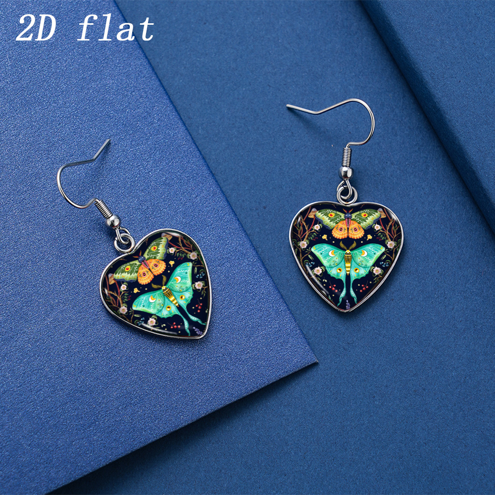 Vintage Forest Moth & Flower Pattern Heart-Shaped Earrings